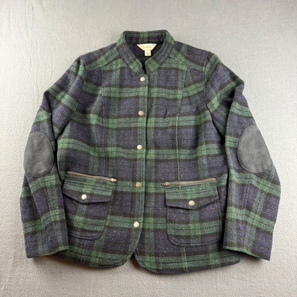 LL Bean Jacket Womens L Green Black Plaid Wool Silk Blend Elbow Patch Field Coat